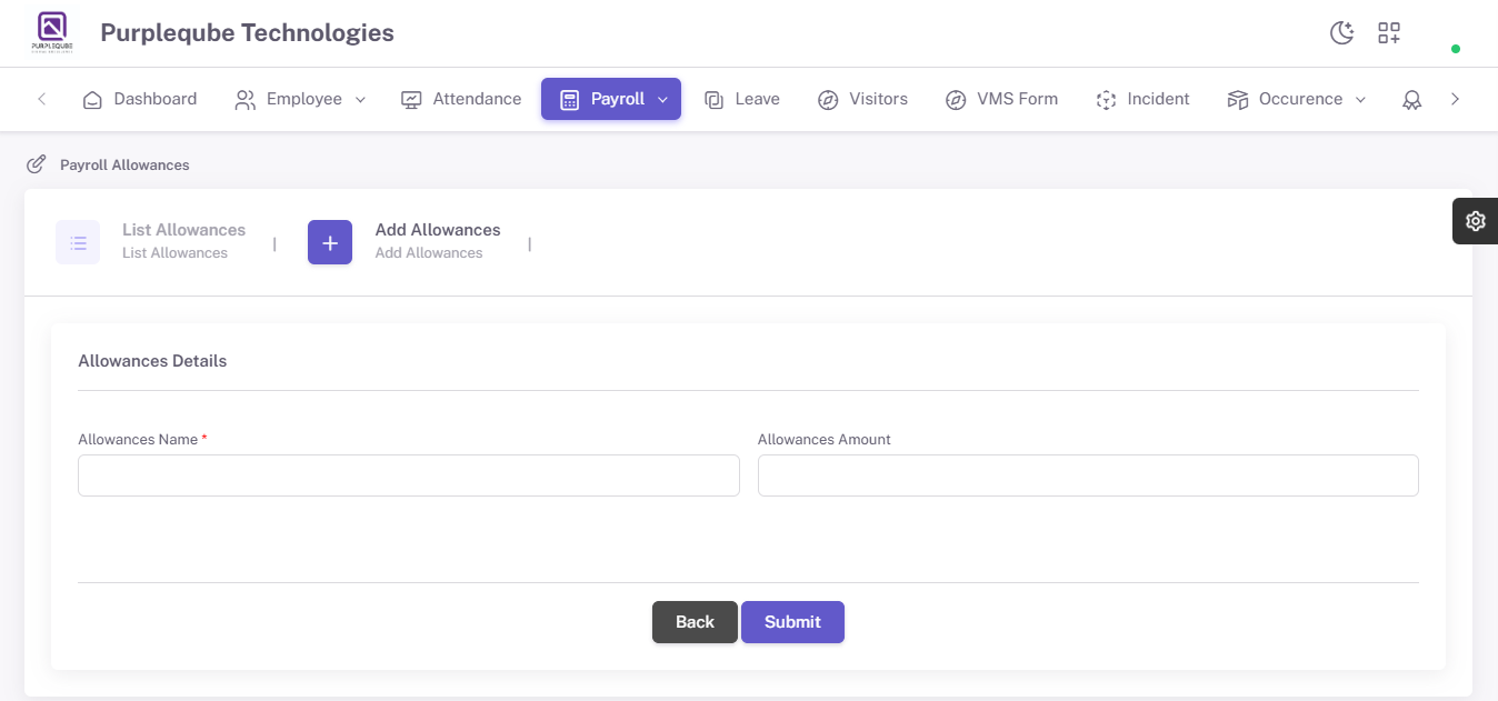 Add Allowances form showing Allowances Details section with Allowances Name and Allowances Amount input fields